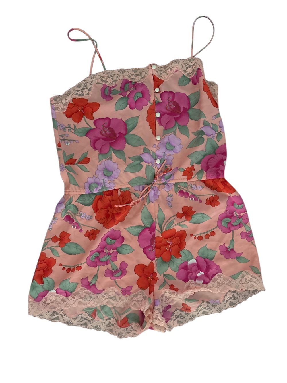 Vintage Floral Satin Lace-Trim Romper - Pink with Red & Purple Flowers